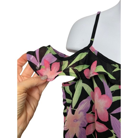 Children’s Place Girls’ Dress M 7/8 Floral Black Pink Hi/Lo Ruffled Cold Shoulde - Picture 9 of 16